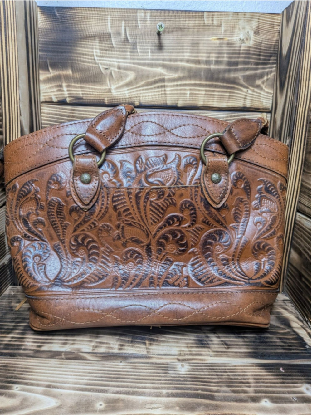 Patricia Nash Leather Satchel Bag Womens Medium Brown Floral Tassel Handbag